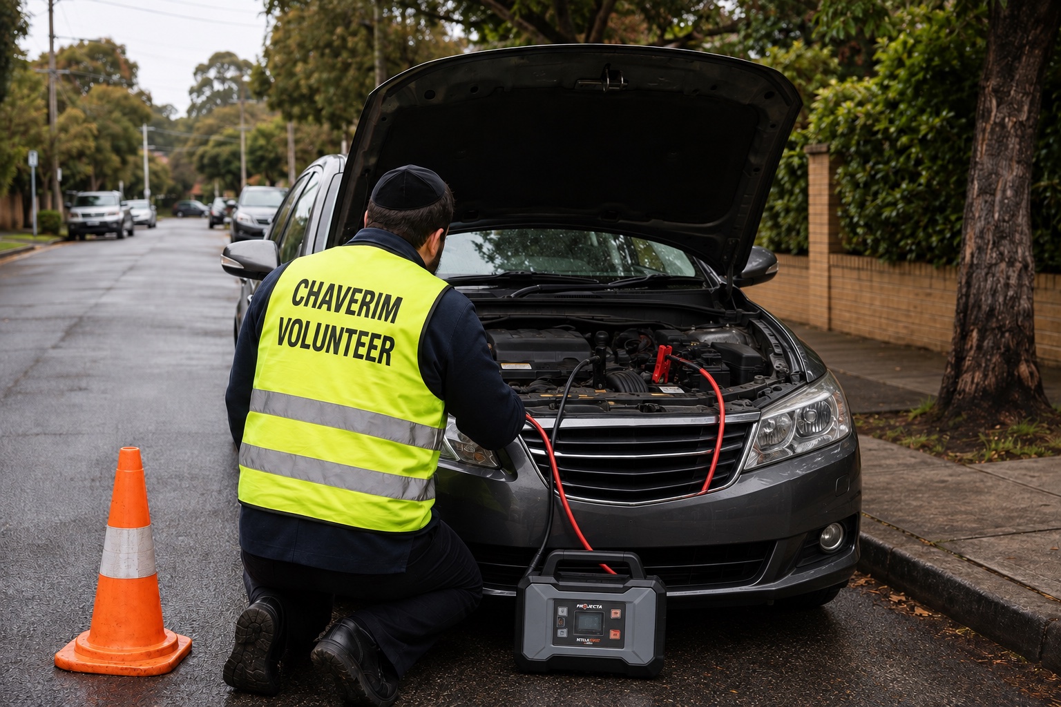 One Chaverim Melbourne member photographed from behind using a Projecta IntelliStart to assist with a vehicle jump start