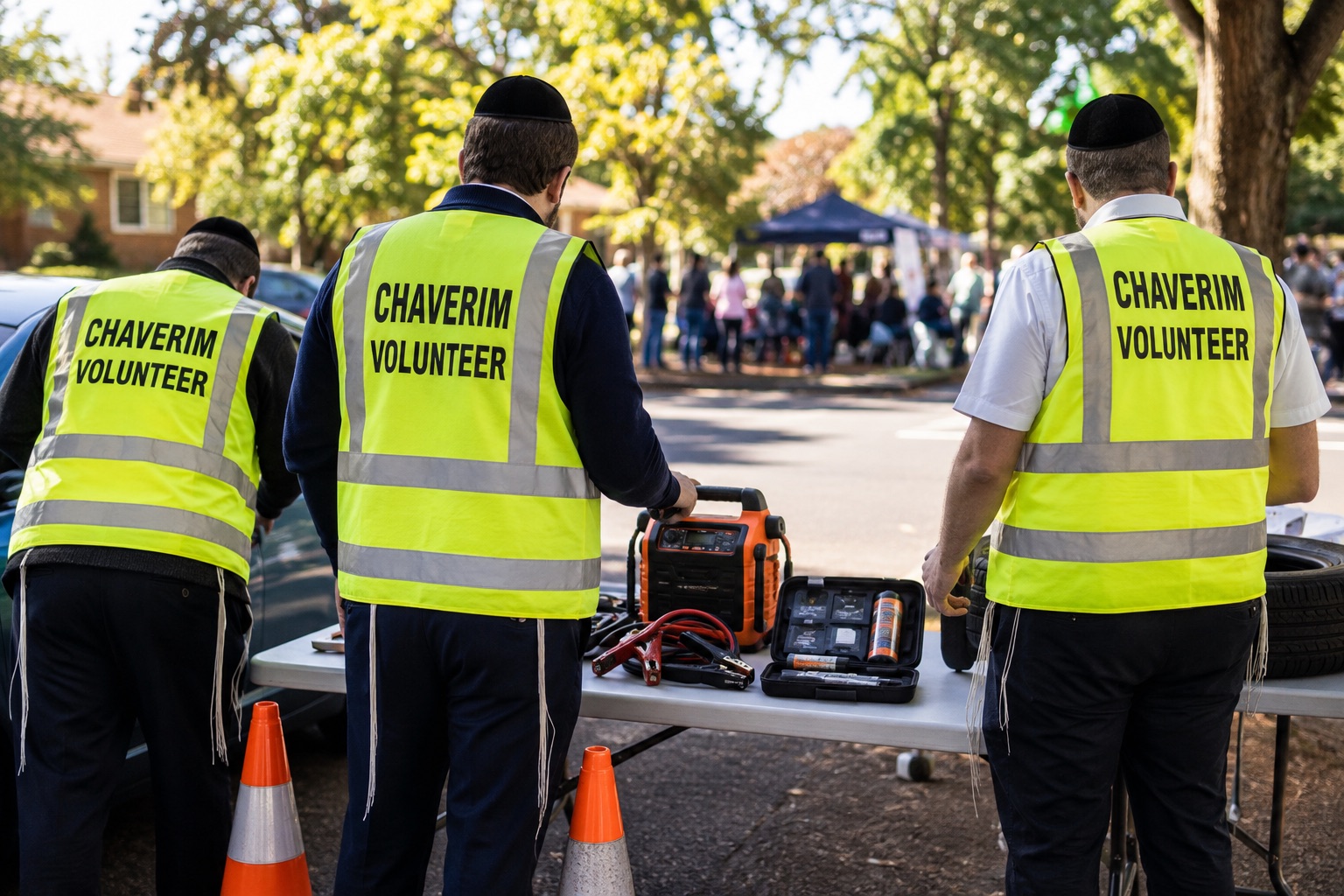 Chaverim Melbourne volunteers photographed from behind demonstrating roadside equipment at a community event