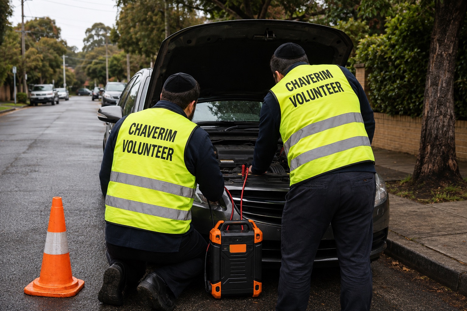Two Chaverim Melbourne volunteers photographed from behind assisting with a vehicle jump start